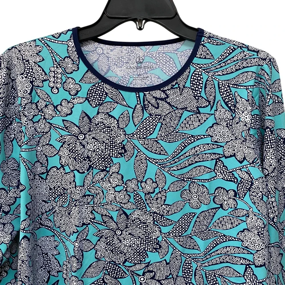 Lands' End L Floral Swim Shirt Rash Guard Long Sleeve Aqua Blue White Navy - Picture 2 of 9